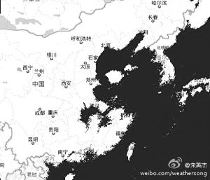 宋英杰微博中發(fā)的海平面上升60米后的地圖。(網(wǎng)絡(luò)截圖)